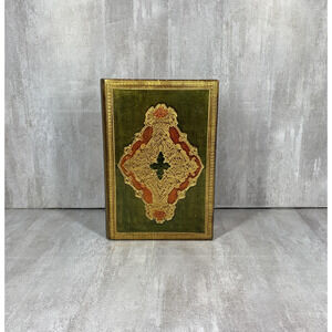 Vintage Reuge Book Form Music Box Ornate Green Gold Wood Jewelry Trinket Italy